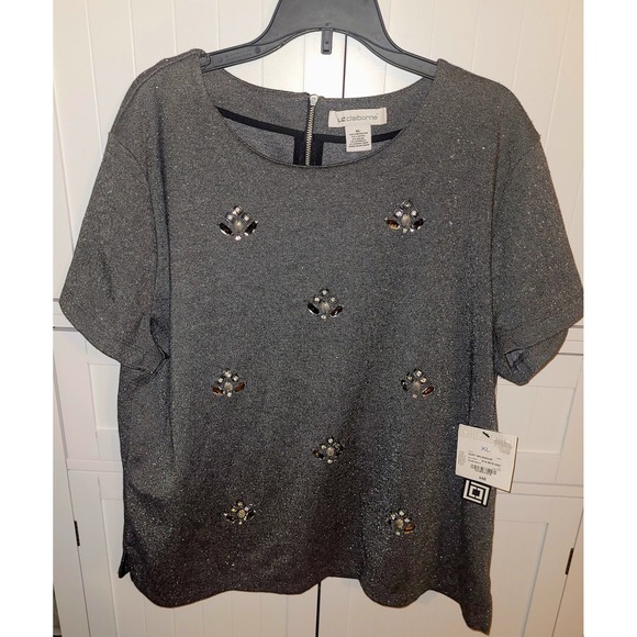 Liz Claiborne Embellished Top Sparkle Blouse Party Cocktail Gray XL nwt!! - Picture 1 of 4